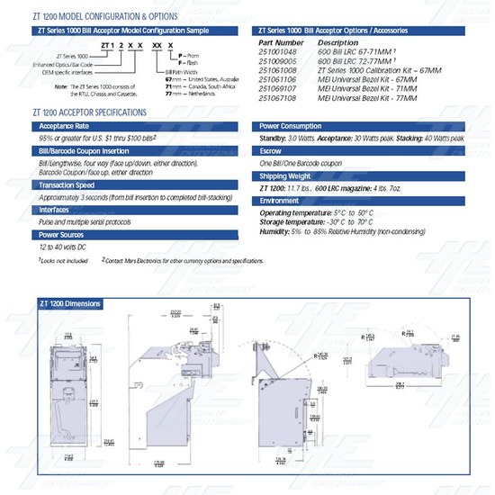 Australia Note Acceptor Mars ZT1103AU Model - Product Specification