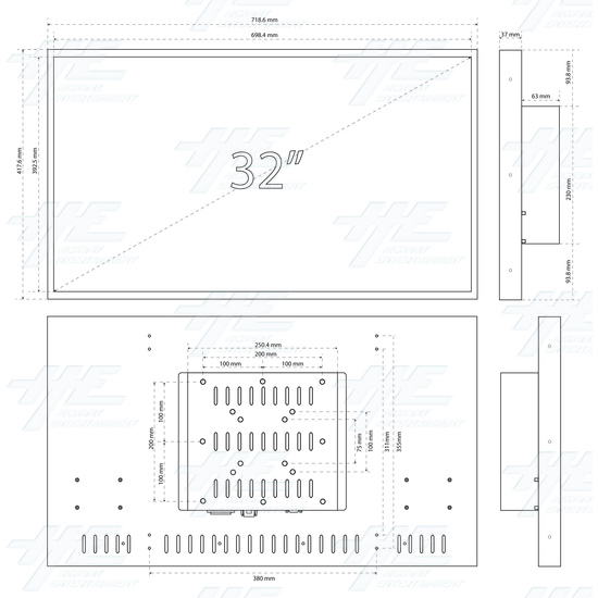 32 inch Arcade LCD Panel Monitor Arcooda 15khz to 1080P V30 - Dimensions